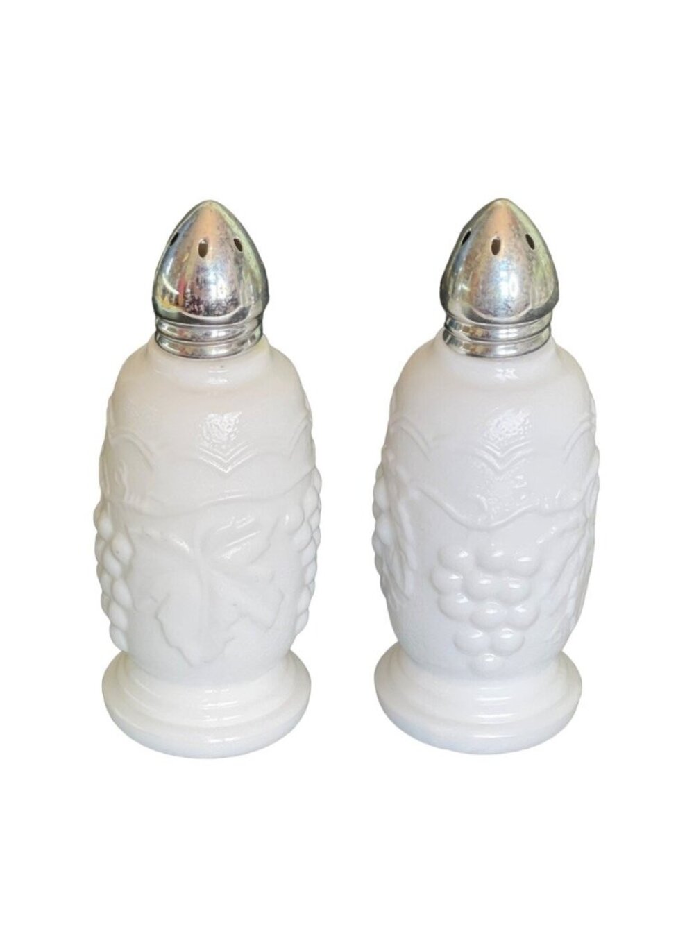 Vintage Imperial Glass Salt and Pepper Shaker Set Grape Pattern Milk Glass 4"